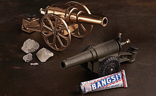 A Big Bang toy cannon mixes acetylene gas with air when it's fired, producing a tremendous bang.