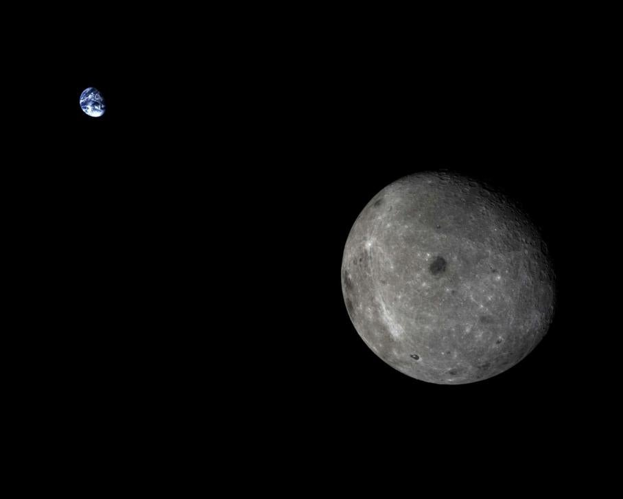 With a play on perspective, Earth and the Moon have reversed roles. The picture came from China's lunar test probe, Chang'e 5TI, during its trip around the moon this week.