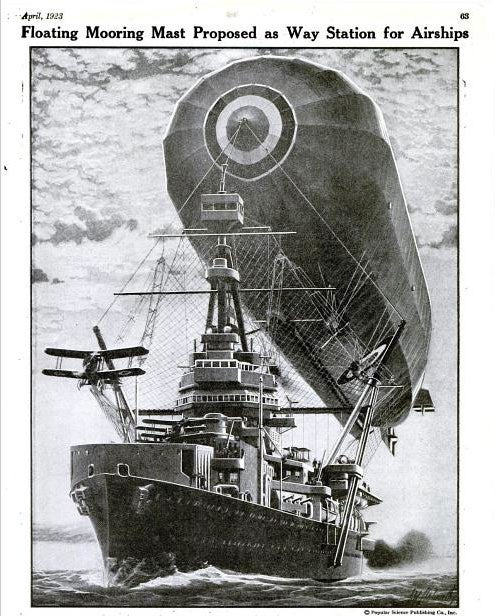 Experts predicted that in future wars, zeppelins would accommodate battleships to sea. Aeronautics engineers proposed installing mooring rigids to the masts of converted cruisers, which would act as the dirigibles' depot ships. The front of the ship would house a small hangar and launching pad for fighting planes. Guide ropes projecting from the sides of the ship would hold the dirigible in place while ship crews fastened its nose cone to the mooring device. Read the full story in "Floating Mooring Mast Proposed as Way Station for Airships"