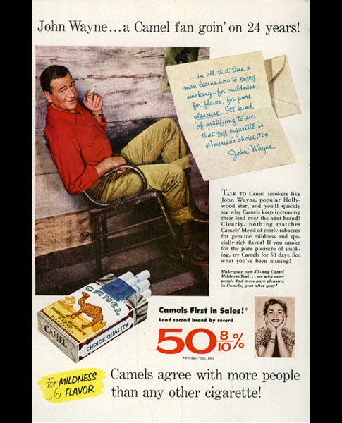 John Wayne warmly endorses Camel cigarettes in 1954. Twenty five years later, Wayne died of lung and stomach cancer.