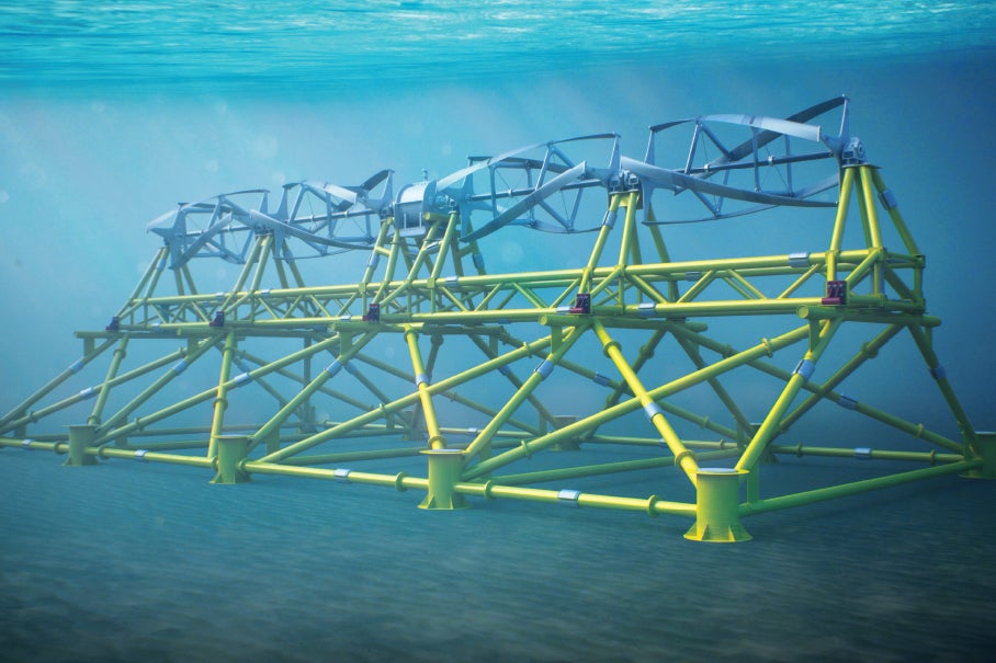 Engineers designed TidGen, which is 98-feet wide and 31-feet tall, for tidal bodies, such as bays, between 60 and 150 feet deep. • A permanent-magnet generator mounted between the four turbines produces up to 150 kw. • The TidGen's helical turbines have teardrop-shaped foils and rotate in a single direction, regardless of the flow of the current. • A power-and-data cable connects an array of up to a couple of dozen TidGen units to an onshore substation.