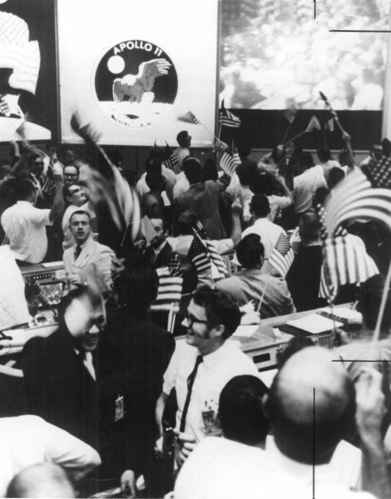 The scene in Mission Control after Apollo 11's splashdown.
