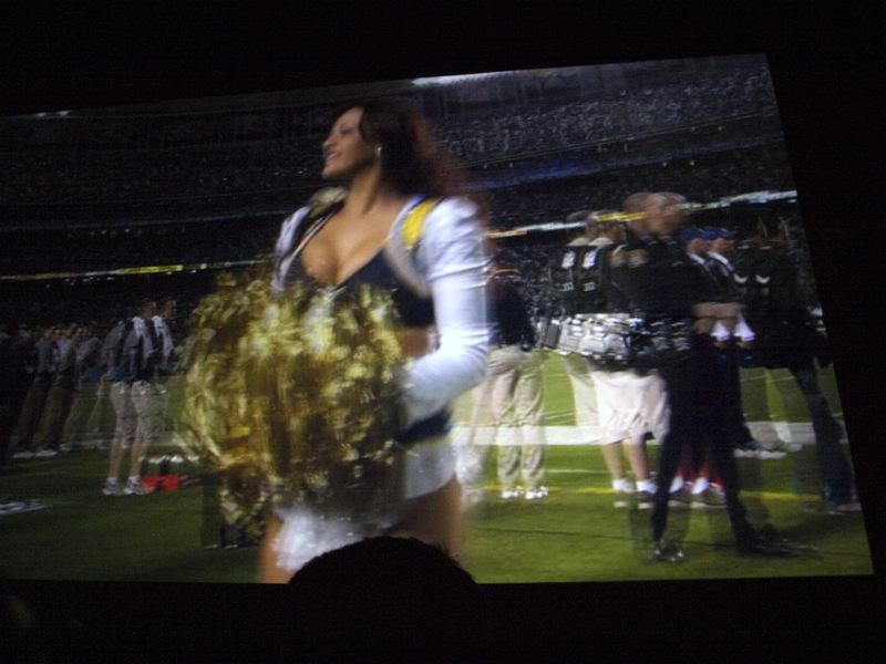 Buxom cheerleaders popping out in 3D were a big hit with the audience.