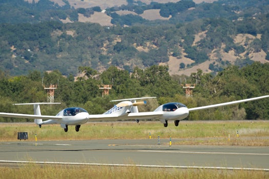 The Pipistrel-USA, Taurus G4 aircraft takes off during the 2011 Green Flight Challenge, sponsored by Google, at the Charles M. Schulz Sonoma County Airport in Santa Rosa, Calif. on Monday, Sept. 26, 2011. NASA and the Comparative Aircraft Flight Efficiency (CAFE) Foundation are having the challenge with the goal to advance technologies in fuel efficiency and reduced emissions with cleaner renewable fuels and electric aircraft. Photo Credit: (NASA/Bill Ingalls)