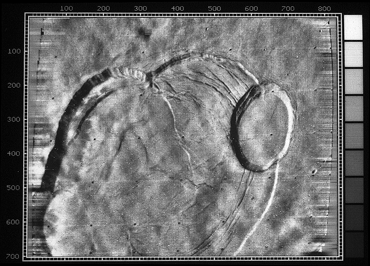 Central caldera of Olympus Mons seen by Mariner 9.