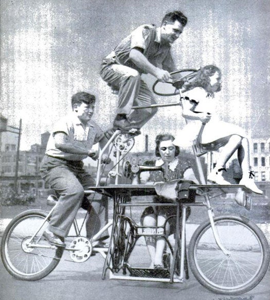 In 1939, we declared Charles Steinlauf's "Goofybike" the world's weirdest bicycle -- and for good reason. As the photo shows, the bike could carry four people and a sewing machine. The inventor is pictured at the top of the bicycle, where he maneuvers the machine using an automobile steering wheel. While his daughter sits on the handlebars and his ever-industrious wife finishes her sewing, their son huffs and puffs at the pedals. The legs of the sewing machine keep the bike aloft when it's not being used. Family outings don't get better than this! Read the full story in "Bike Keeps Family in Stitches"