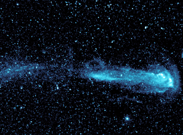 A speeding star called Mira can be seen leaving an enormous trail in this image from the Galaxy Evolution Explorer.