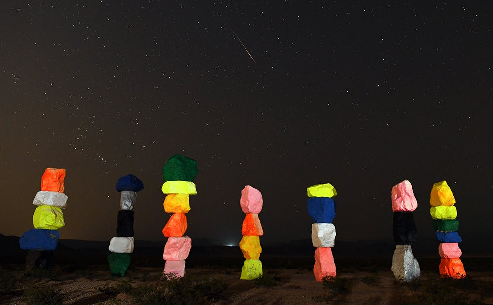 Seven Magic Mountains art installation during Perseid Meteor Shower