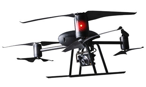 The Draganflyer X6 is a remote-control, six-rotor personal spy chopper. It stays stable using 11 sensors and can fly for up to 25 minutes at a time. You can mount a variety of still or video cameras to its belly via a vibration-free mount.