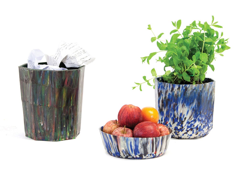 Hakkens' recycled plastic dust bin, fruit bowl and flower pot