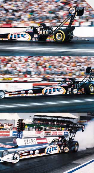 Don "the Snake" Prudhomme's dragster (above) was in first place in NHRA top fuel point standings at press time.
