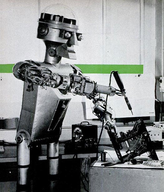 Harvey Chapman, an engineer from Los Angeles, built Garco, a robot that could lift simple objects, out of discarded airplane parts. What started out as a garage project became an ambitious endeavor to create a robot that could not only do household chores, but could also perform "dangerous duties" like handling toxic bacteria. Chapman also surmised that future models could one day pilot the first rocket to the moon. Read the full story in "Plug-In Workman Built in 90 Days"
