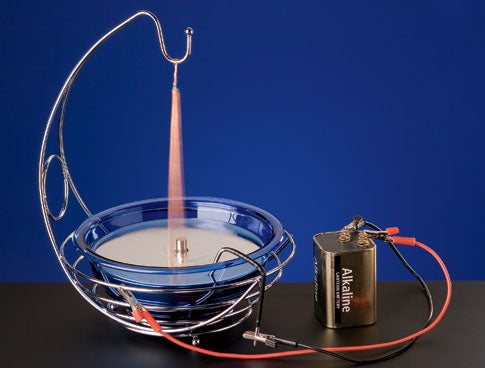 A bowl of mercury with a wire connected to a battery hanging from a hook and rotating around a magnet in the mercury.