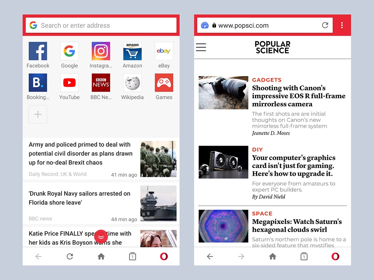 The Opera Mini mobile browser showing the Popular Science website.
