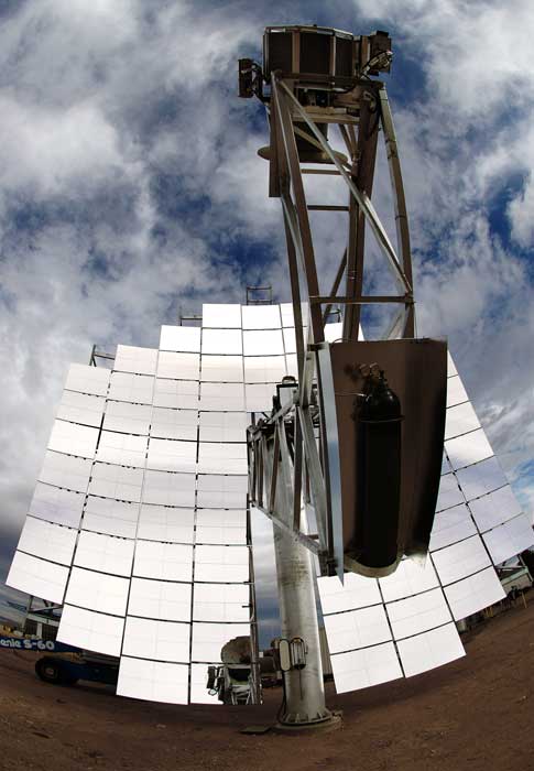 One of six prototype solar dishes installed near Albuquerque by Sandia National Laboratories. The plant will produce up to 150 kilowatts of grid-ready electrical power.