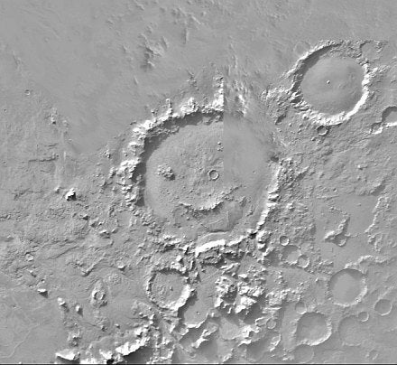 Galle crater on Mars, which first showed up in Viking Orbiter images, looks like a "happy face."