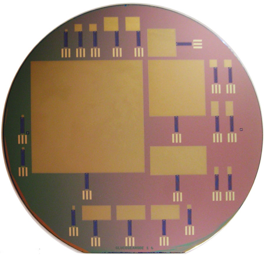 This silicon wafer contains glucose fuel cells of varying sizes; the largest is 64 by 64 mm.
