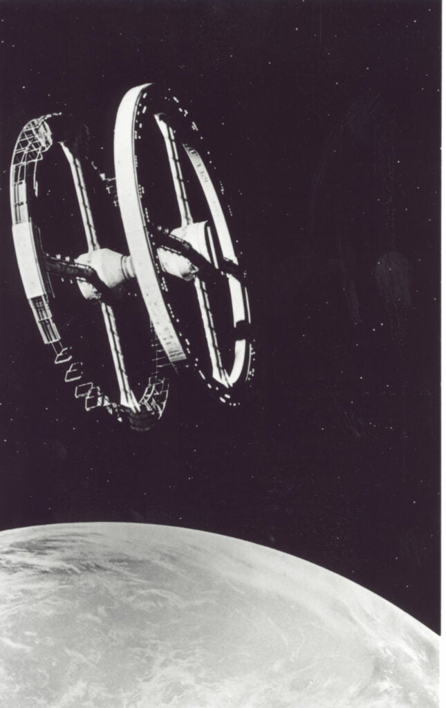 The torus space station as popularized by Stanley Kubrick's <em>2001: A Space Odyssey.</em>