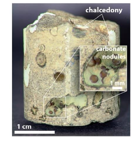 Carbonate formations in basalt
