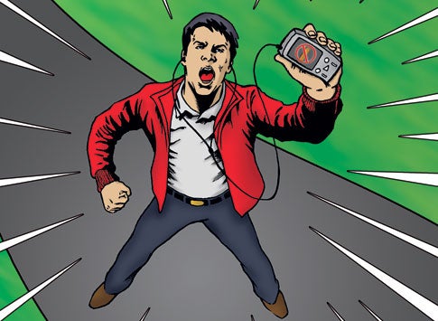 A man in a red jacket, white collared shirt, and jeans, standing on a path in a park, holding his MP3 player up to the sky, and screaming.