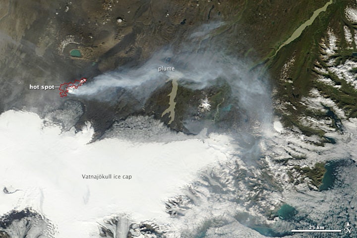 Images from NASA’s Terra satellite reveal two new fissures spewing lava in Iceland last week.