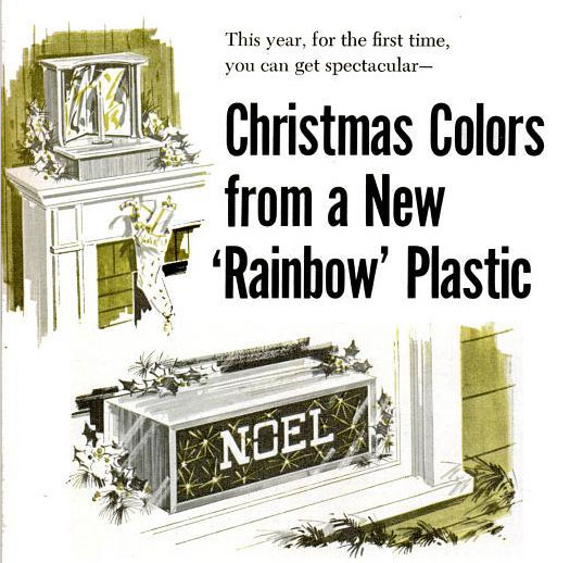 During the Seattle World's Fair earlier that year, the Edmund Scientific Company introduced "rainbow plastic," a substance that could defract white light to create colorful patterns against its surface. See that box with "Noel" written on it? Those star-shaped sparks come from white christmas lights within the container. Building a "galaxy box" using rainbow plastic was simple enough. After obtaining the plastic by mail order, insert two or three sheets inside a wooden box with a black interior. Add the lights, plug them in, and experience the magic of Christmas all over again. Read the full story in "Christmas Colors from a New 'Rainbow' Plastic"