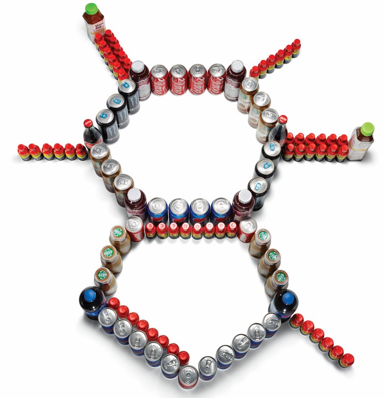 The caffeine molecule—represented here with popular caffeinated beverages—occurs naturally but is also made in labs.