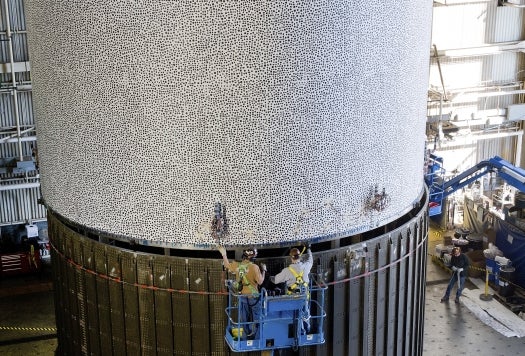 The 27.5-foot diameter, 20-foot-tall test can was moved into the test lab at Marshall Space Flight Center in preparation for a March smackdown.