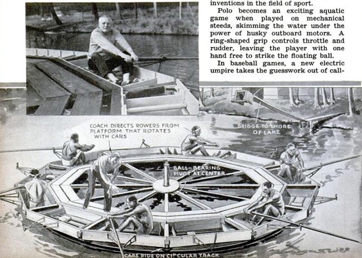 In Asheville, N.C., a merry-go-round rowing machine (or twelve boats attached to a revolving platform) trained crews that did not have access to adequate practice waters. Read the full story in "New Inventions in the Field of Sports"