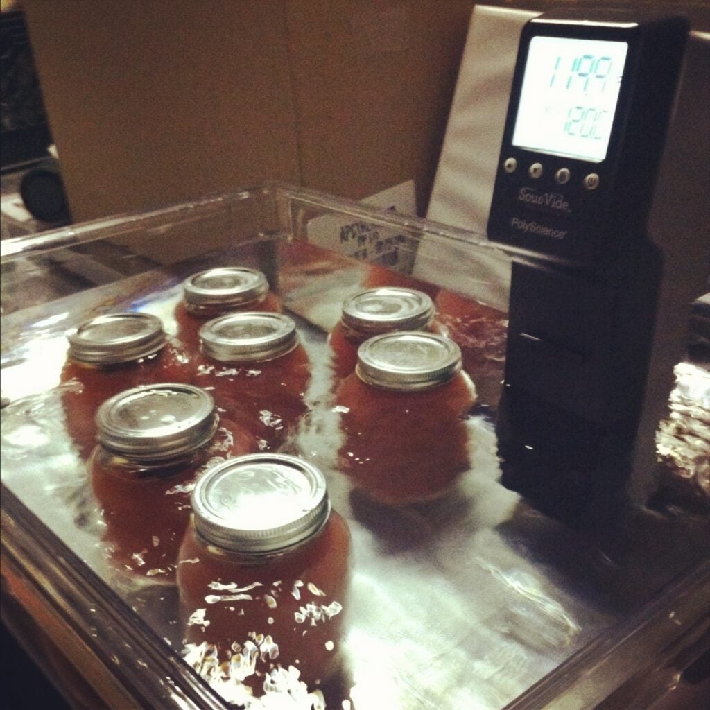 Many bartenders have turned to sous-vide cooking techniques to speed up infusions and to improve their consistency between batches. The method involves vacuum-sealing ingredients (and booze) in plastic bags and heating them at a low, controlled temperature. At <a href="http://www.pintandjigger.com/">Pint &amp; Jigger</a>, probably Hawaii's most progressive cocktail bar, owner Dave Newman marries sous-vide cooking with another newly popular technique: barrel-aging. Rather than mixing up a cocktail then aging it in a small barrel for a month or more, Newman purchases Jack Daniel’s wood smoking chips (made from whiskey barrels) and places them with the cocktail ingredients inside mason jars in the sous-vide bath instead. The drinks take on woody flavors, and a silkier texture after just two or three days in the sous-vide, rather than the same number of months in a barrel. Newman has made barrel-aged cocktails with this technique including the Boulevardier, Martini, Dark N Stormy, and Vieux Carre.