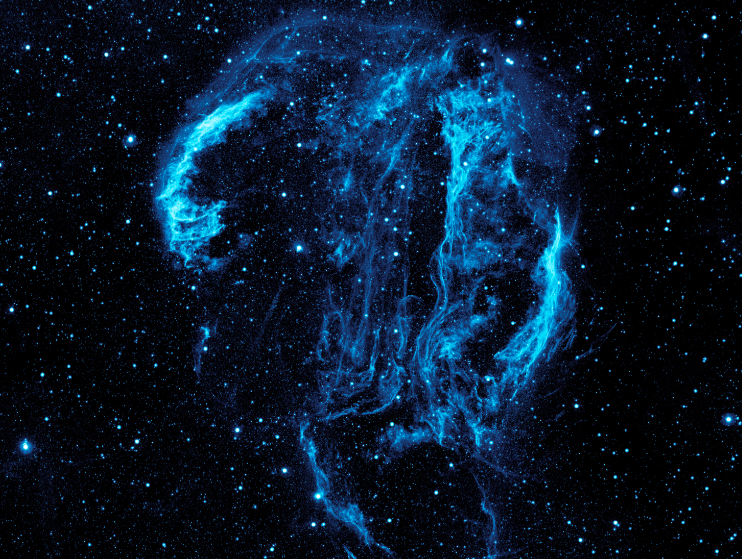 Wispy tendrils of hot dust and gas glow brightly in this ultraviolet image of the Cygnus Loop nebula.