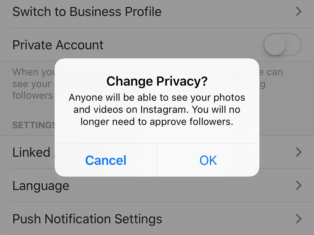Instagram displaying a popup option to change privacy settings.