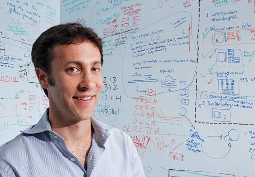 The walls of David Eagleman's lab are covered with scribblings related to studying time, including the equation for entropy and analysis of scenes from science-heavy films.