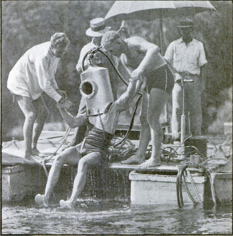 Florida pastimes in 1931: A group of curious explorers preparing to collect some mastodon bones from the bottom of 35-foot deep spring.
