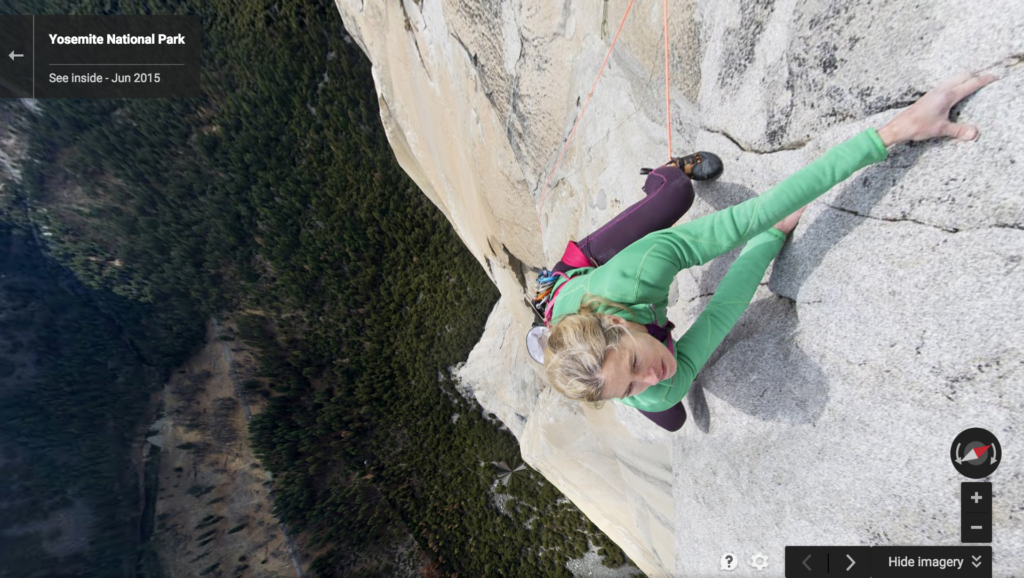 Google's Street View isn't just taking it to the streets anymore. Google partnered with rock climbers Lynn Hill, Alex Honnold and Tommy Caldwell to put up cameras on the rock face of Yosemite's "El Capitan." The 3000-foot vertical rock formation is one of the most popular sites amongst rock climbers and base jumpers. Users can now enjoy a bout of vertigo from the comfort of their own home by going to <a href="https://www.google.com/maps/@37.730029/,-119.636392,3a,75y,298h,12.3t/data=!3m7!1e1!3m5!1sgskNYa2g8_sAAAQqZe0Ggw!2e0!3e2!7i13312!8i6656">Google Maps</a> and checking out the view from the side of the massive rock.