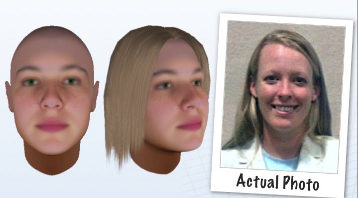 image showing two views of an illustrated face estimate, plus the real person