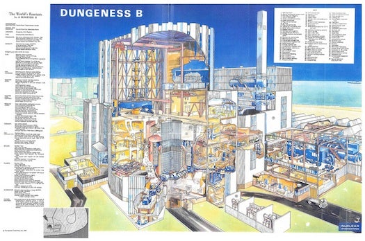 The Dungeness plant, located in Kent, England, is a gas-cooled reactor dating back to the mid-'60s. It has nothing to do with delicious crustaceans. Full image <a href="http://www.flickr.com/photos/bibliodyssey/4567459788/sizes/o/in/set-72157623023520842/">here</a>.
