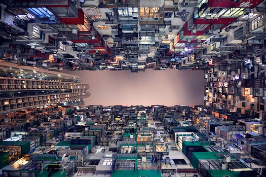 Romain Jacquet-Lagreze frequently photographs Hong Kong from the ground up for the series "<a href="http://romainjl.deviantart.com/gallery/39601368">Vertical Horizons</a>," a look at the city's buildings. Makes you feel like you're falling up.