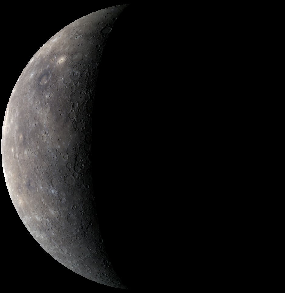 As <em>Messenger</em> approached Mercury, one of its camera's 1000, 700, and 430 nanometer filters were combined in red, green, and blue to create this color image, the last close-up color view that will be acquired until <em>Messenger</em> goes into orbit around Mercury in March of 2011. Only 6% of Mercury's surface in this image had not been viewed previously by spacecraft, and most of the measurements made by <em>Messenger</em>'s other instruments during this flyby were made prior to closest approach.
