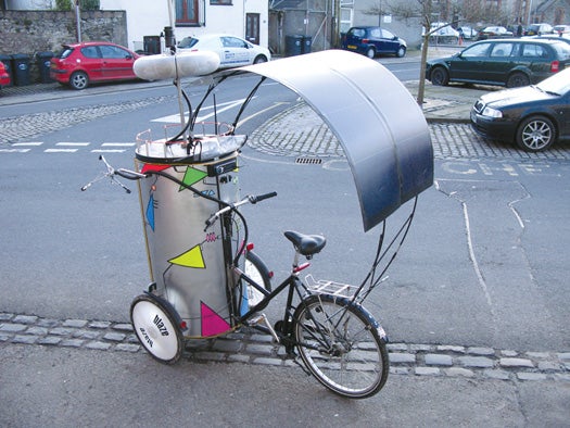 British artist Dan Fox built a mobile stereo on top of a tricycle for parades and other events. The Boom Bike's two six-volt solar panels power a sound system made up of 13 speakers. The lithium-iron-phosphate battery powers the stereo for more than five hours when it's fully charged, which takes about 20 hours in direct sun. <strong>Time:</strong> 120 Hours <strong>Cost:</strong> $6,630
