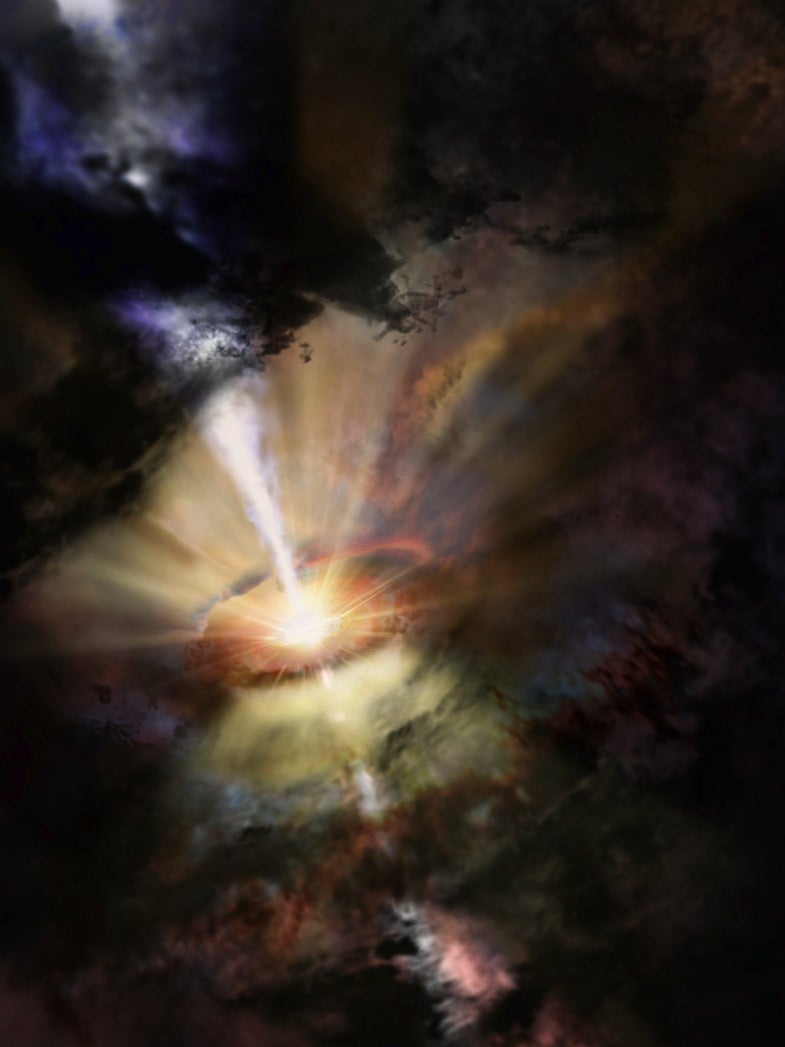 Deep in the heart of the Abell 2597 Brightest Cluster Galaxy, astronomers see a small cluster of giant gas clouds raining in on the central black hole. They were revealed by the billion light-year-long shadows they cast toward Earth. These ALMA data present the first observational evidence for predicted chaotic cold accretion onto a supermassive black hole.