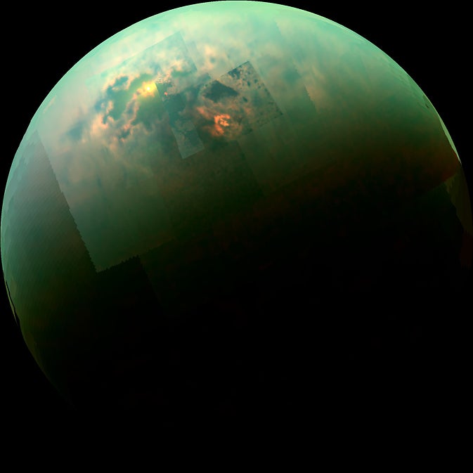 The Cassini space probe soared near Saturn's moon, Titan, this week and captured a photo of its hydrocarbon seas. You can see the sun glistening off its north polar seas.