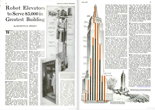 Just weeks away from its official opening, the Empire State was poised to take its place as the world's tallest building, but how would it deal with the inevitable influx of tourists and office workers? By using top-notch elevators of course. Engineers and architects decided to use 58 elevators with automatic starting, stopping, leveling and door-opening to serve the building's many passengers. "'Sixty-eight,''seventy,' 'seventy-nine,' the passengers announce their floors to the attendant, who merely presses a button on the control panel for each number called," we said. "He need worry no more." A novel concept, given that most conventional elevators just a few years prior lacked something as fundamental as automatic doors. In the picture on the right, the red lines signify sections of local elevators while the black lines show the express banks. Read the full story in "Robot Elevators to Serve 85,000 in Greatest Building"