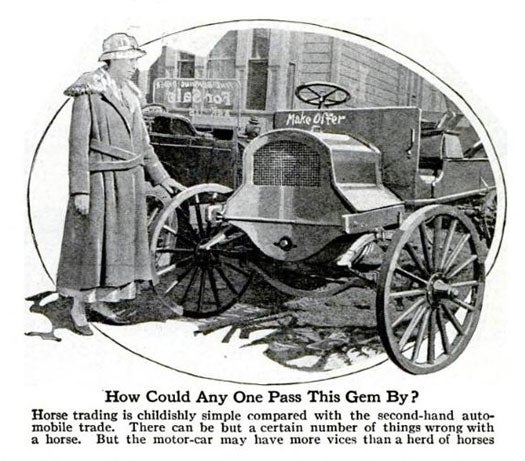 As it turns out, slimy used car salesmen have been conning people for the past 100 years. The difference is that since automobiles were still a fairly new commodity at the time, the most second-hand car customers were even more clueless about mechanics than today's average person. In this article, published just a three years after Henry Ford began mass-producing his Model Ts, we taught readers how to spot hidden flaws in used cars. For instance, if you wanted to confirm that the 1917 Ford you were buying was actually from 1917, and not the 1913 edition in disguise, you could telephone the nearest Ford agency and ask them to check the date of sale against the engine number. That way, you could also confirm that the seller himself didn't buy the car second-hand while claiming that it is new. Other tips: check your gears for heavy oil and ground cork installed to hide parts. If you're considering a second-hand Ford, buy it from a reputable agency. Unlike other cars, Ford automobiles could use parts from other models. This made it easy for dishonest sellers to install enough parts so that an older car looked brand new. Make sure you aren't being ripped off -- no car made before 1913 is worth more than $100. "Among all liars we take off our steel helmets to the sellers of old cars," we wrote. Read the full story in "Buying a 'Used Car'"