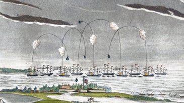 Rockets from ships landing on a fort on a island in an old painting