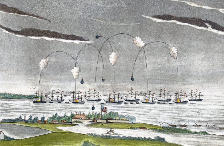 Rockets from ships landing on a fort on a island in an old painting