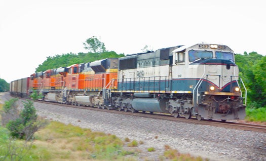 While passing a train in eastern Kansas, Pierce and Nash debate the future of energy efficient transportation, and discover that freight trains like this can be quite fuel efficient on a ton-per-mile basis.