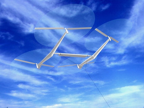A turbine kite captures wind energy at high altitudes with spinning rotors. Electricity is sent down the wire to a distribution grid.