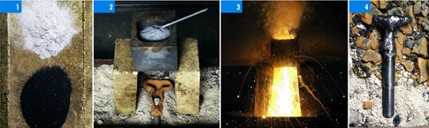 From left to right: a pile of white aluminum powder and a power of black magnetite powder; a crucible over a heat source; thermite burning; a solid welded T-handle on a bolt.