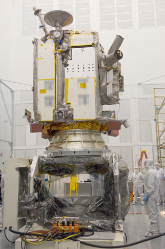 LRO sits on a testing platform. This image gives an idea of the size of the spacecraft.
